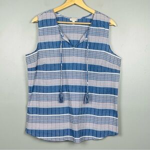 Talbots blue striped cotton poly blend sleeveless tassel trimmed top, medium.